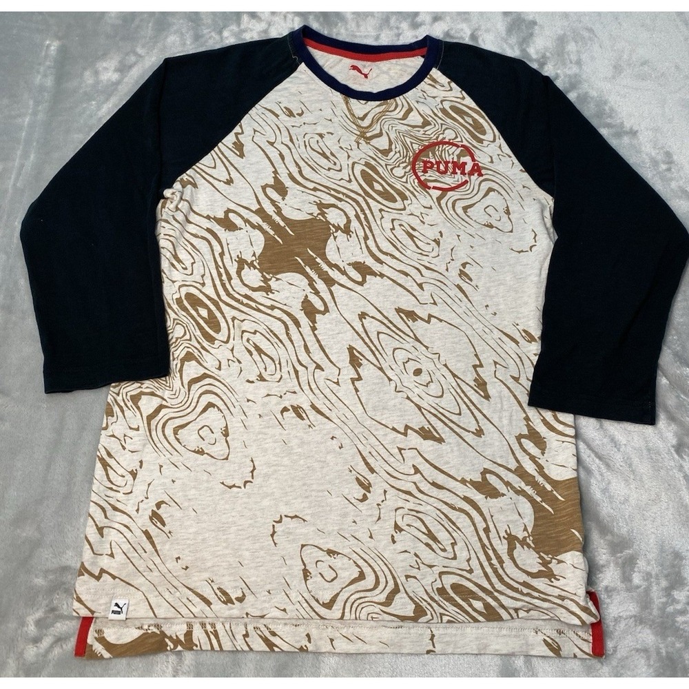 Puma T-Shirt Mens Medium Cream Navy Woodgrain Print Raglan 3/4 Sleeve Tee